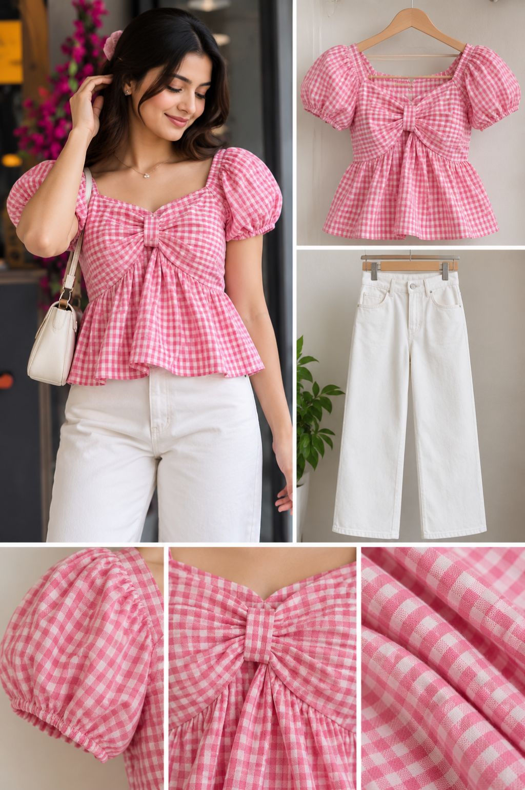 Pink Gingham Bow-Front Puff Sleeve Peplum Top with White Wide-Leg Jeans
